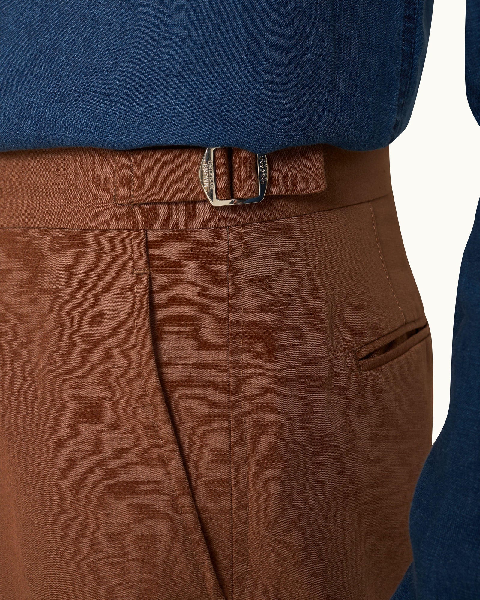 Carsyn Slim Fit Tapered Cotton-Linen Trousers Woven In Italy in Cinnamon Coffee colour | Cinnamon Coffee
