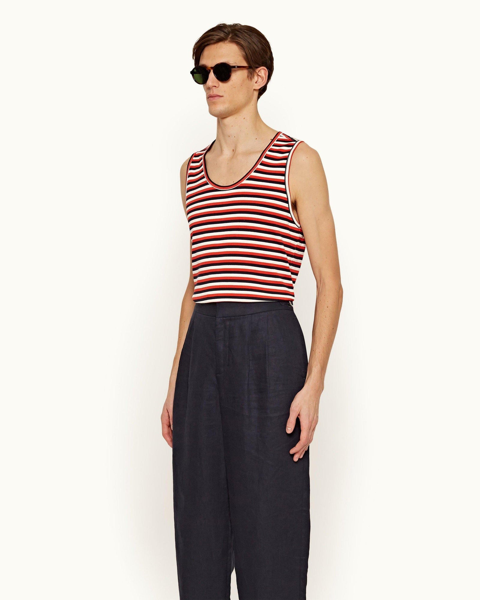 Cherbury Ink/Summer Red/White Sand Stripe Sleeveless Cotton T-shirt | Ink/Summer Red/White Sand