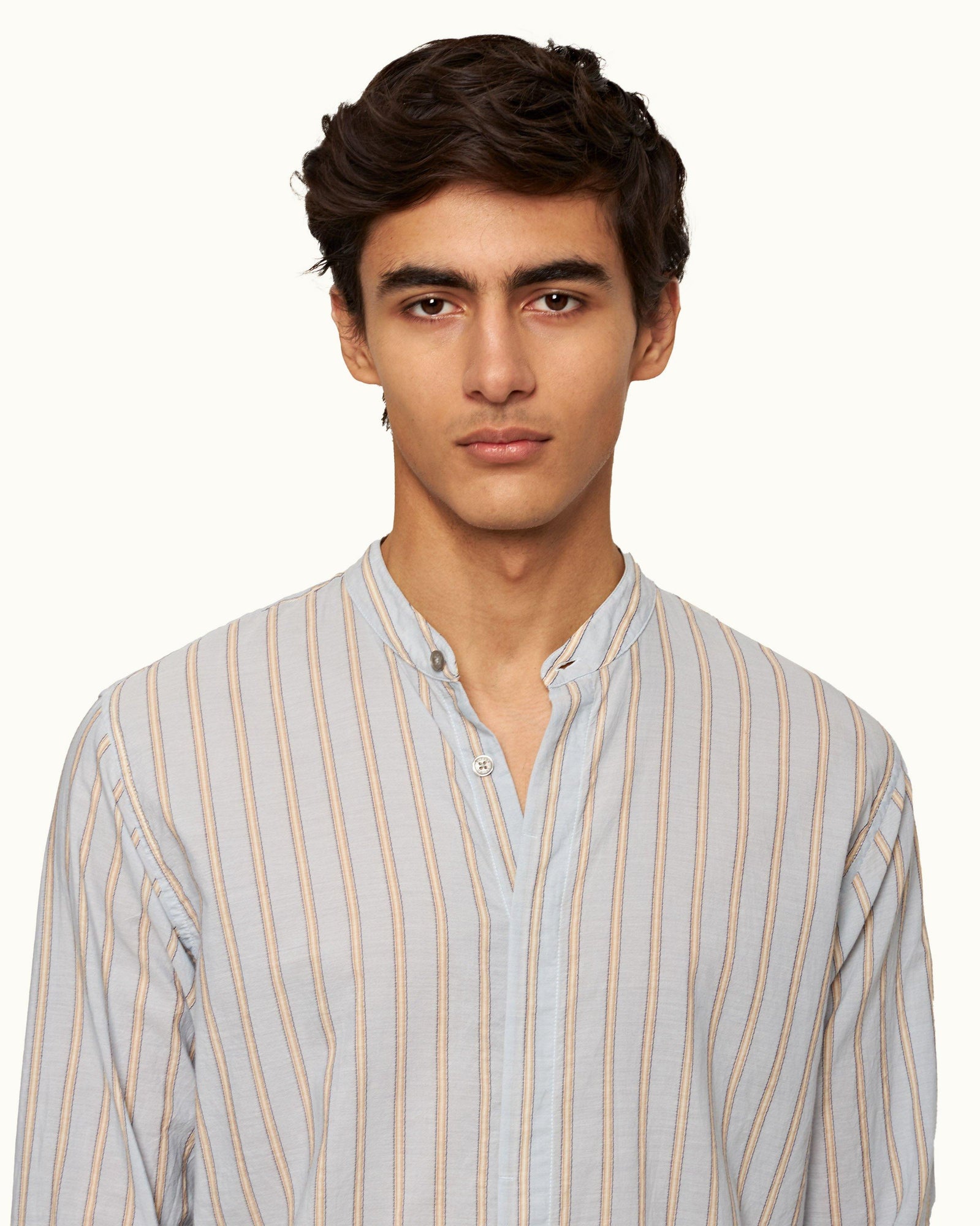 Island Sky/White Grandad Collar Stripe Cotton Shirt | Island Sky/White