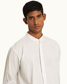 White Pinstripe Grandad Collar Cotton Shirt | White