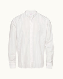 White Pinstripe Grandad Collar Cotton Shirt | White