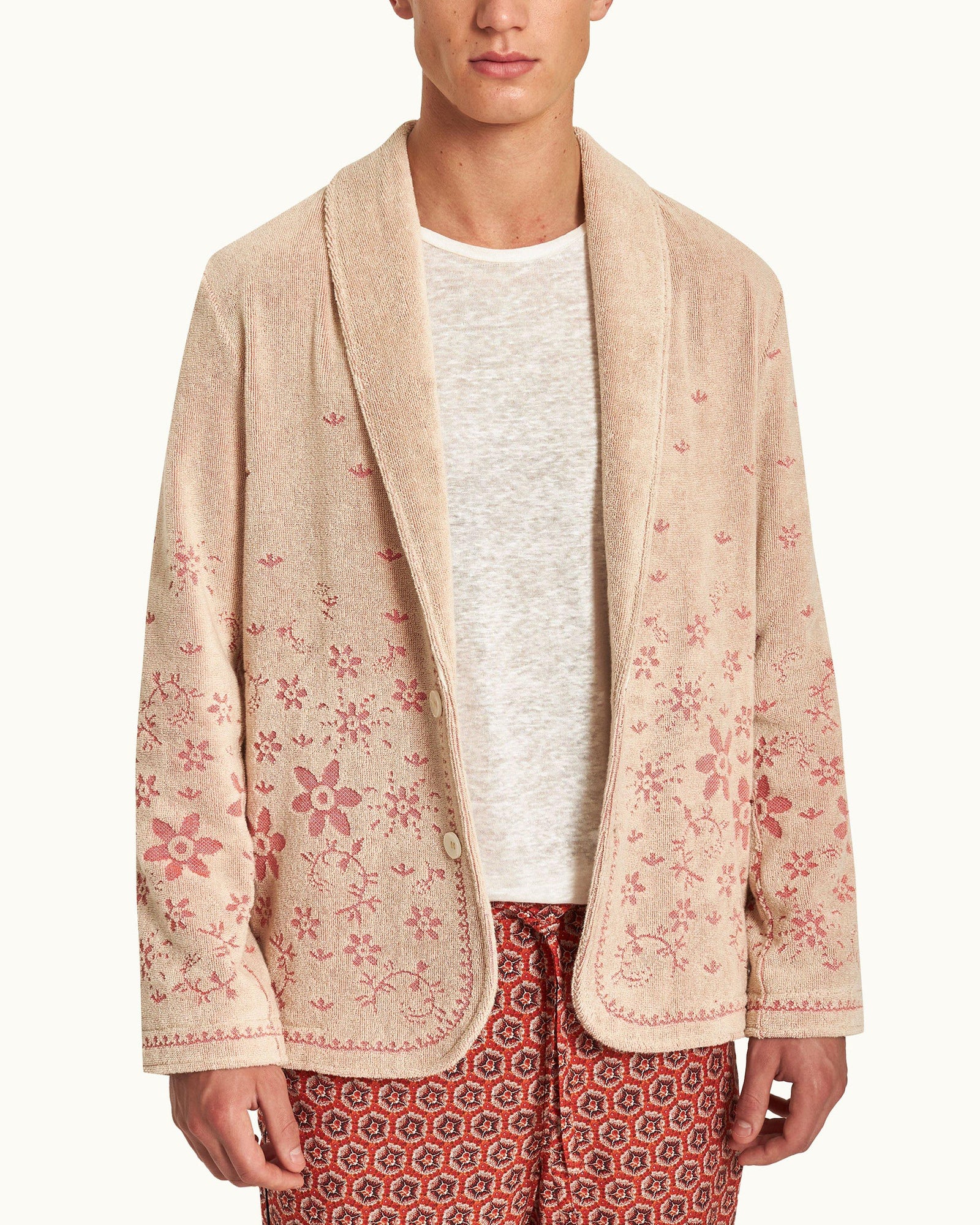 Hallburg White Sand Relaxed Fit Two-Button Floral Jacquard Towelling Blazer | White Sand
