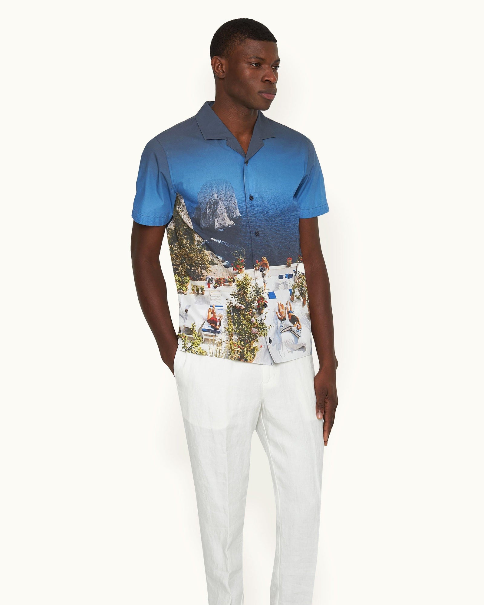 Hibbert Terrace Photographic Print Classic Fit Capri Collar Cotton Shirt | Terrace
