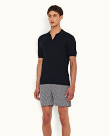 Horton Silk Night Iris Checkerboard Resort Placket Silk Polo Shirt | Night Iris