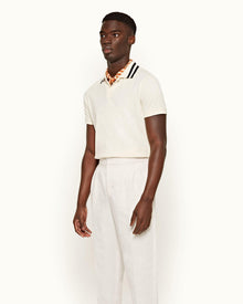 Jarrett White Sand Classic Fit Stripe Tipped Collar Cotton Polo Shirt | White Sand