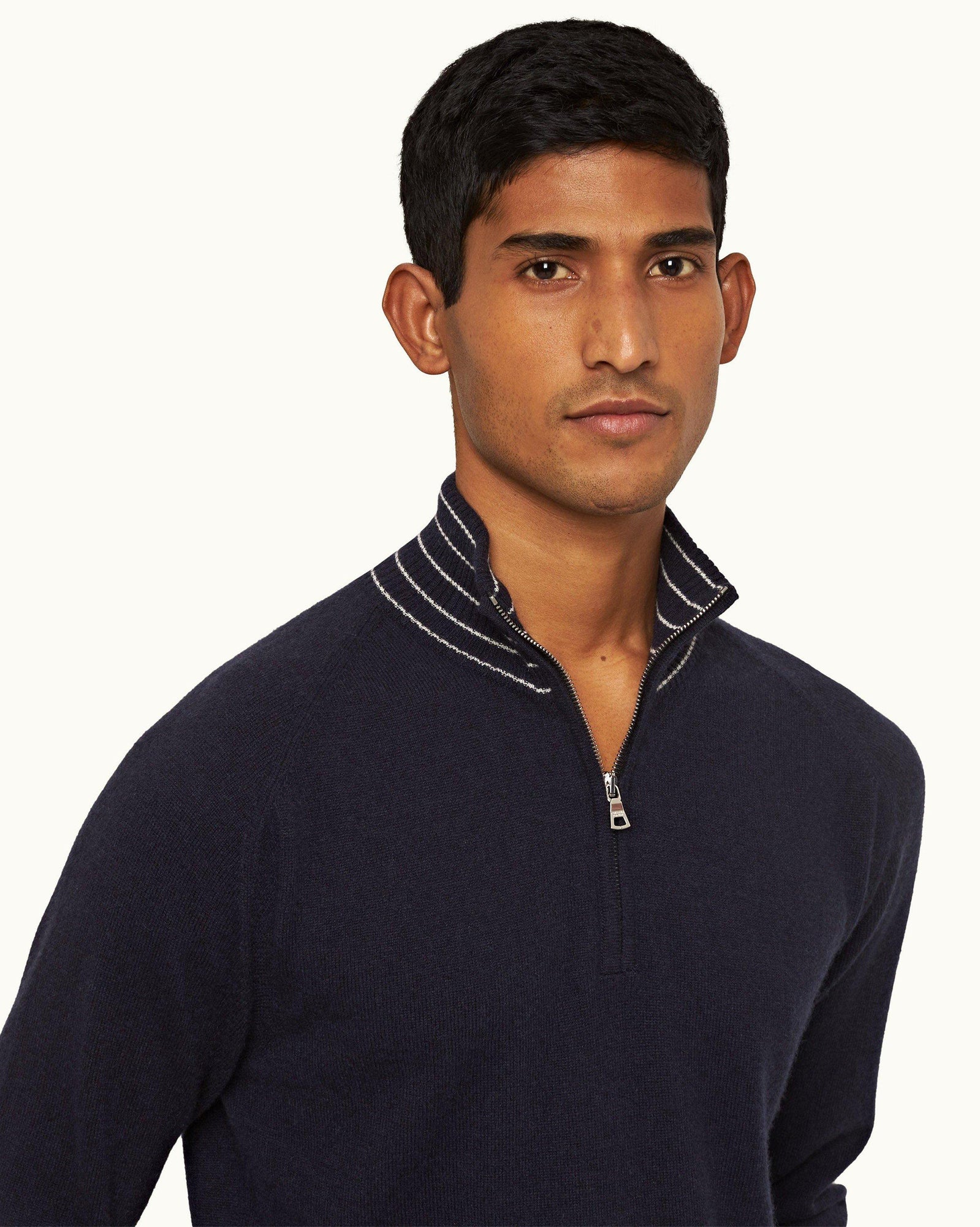 Night Iris/Sea Mist Stripe Rib Collar Cashmere Half-Zip Jumper | Night Iris/Sea Mist