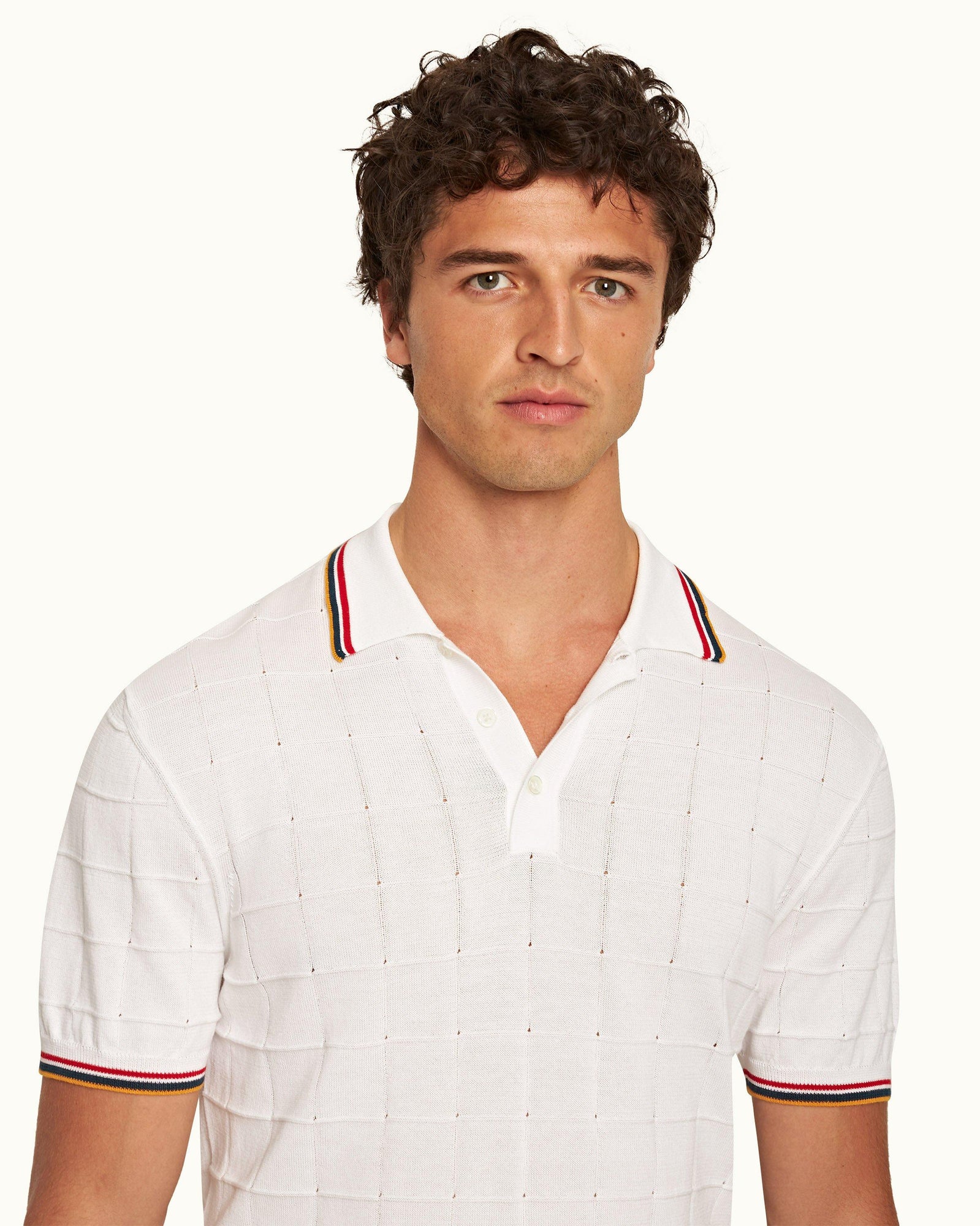 White Tailored Fit Pointelle Grid Stitch Organic Cotton Polo Shirt | White
