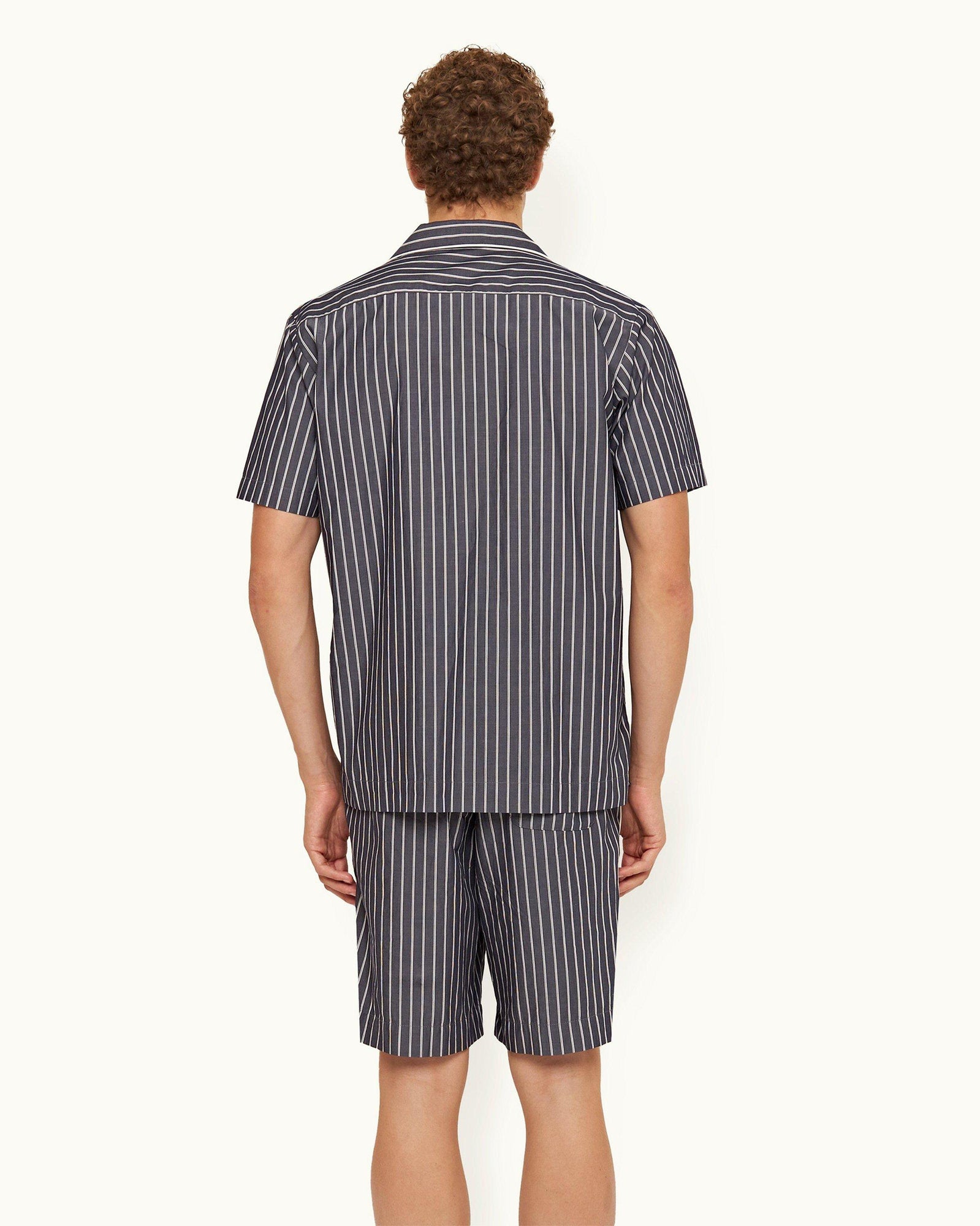 Midnight Navy Pinstripe Relaxed Fit Cotton Lounge Shirt | Midnight Navy