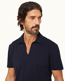 Dark Sapphire Classic Fit Organic Cotton Stripe Knit Polo Shirt | Dark Sapphire