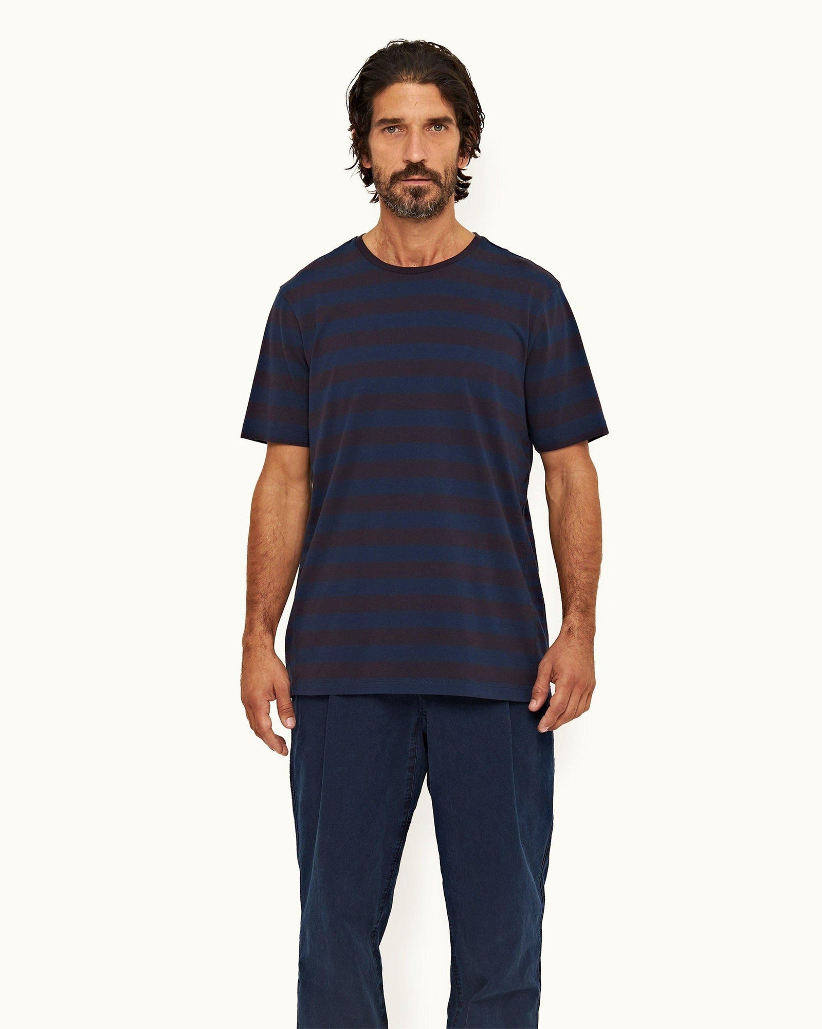 Dark Sapphire Mix Stripe Relaxed Fit Organic Cotton T-Shirt | Dark Sapphire