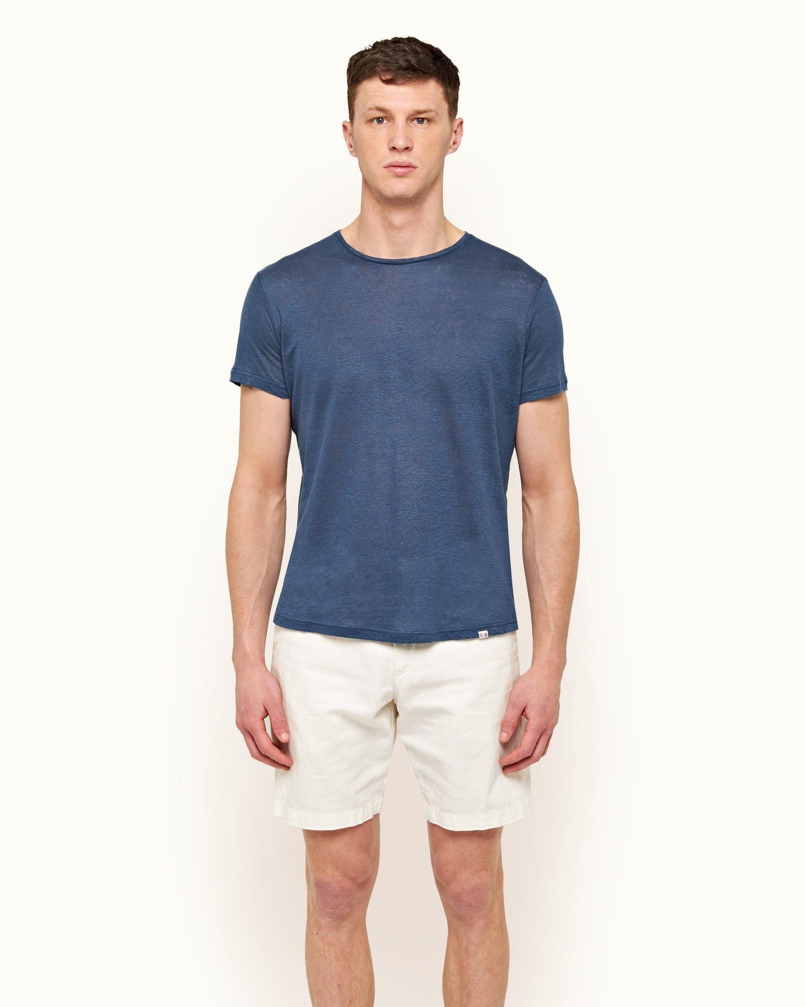 Ob-T Linen Classic Blue Tailored Fit Crew Neck Linen T-shirt | Classic Blue