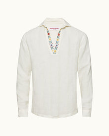 Ridley White Sand Relaxed Fit Overhead Embroidered Yoke Linen Shirt | White Sand
