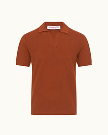 Roddy Tailored Fit Waffle Mesh Stitch Polo Shirt Knitted In Italy in Cinnamon Coffee colour | Cinnamon Coffee