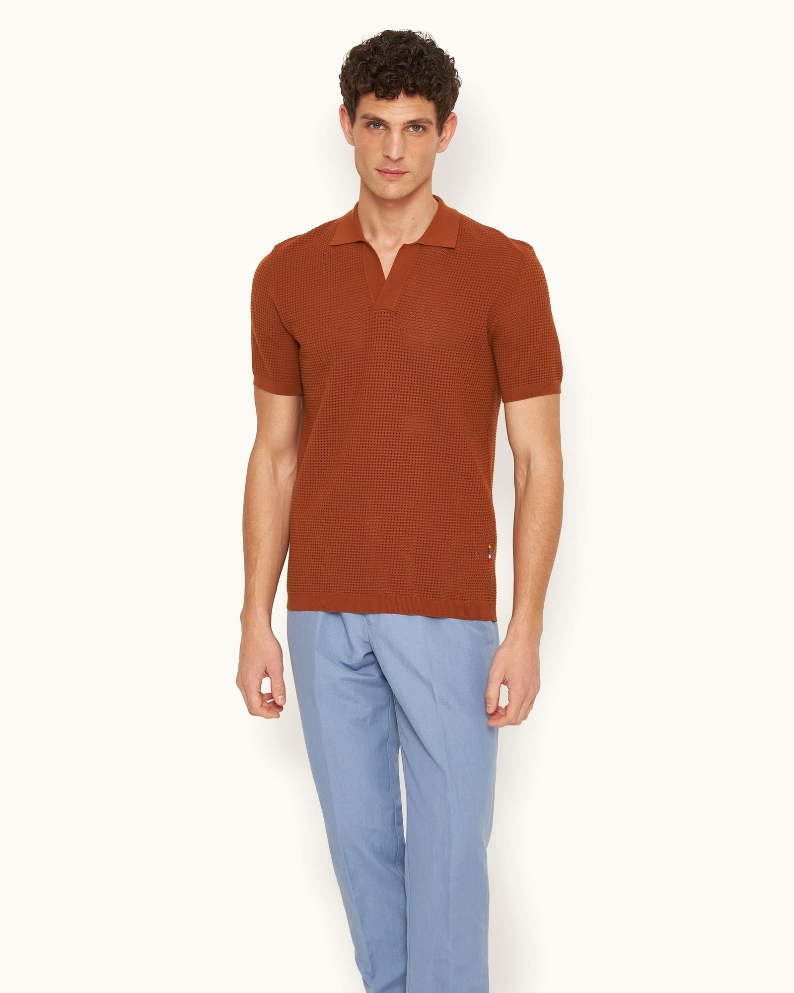 Roddy Tailored Fit Waffle Mesh Stitch Polo Shirt Knitted In Italy in Cinnamon Coffee colour | Cinnamon Coffee