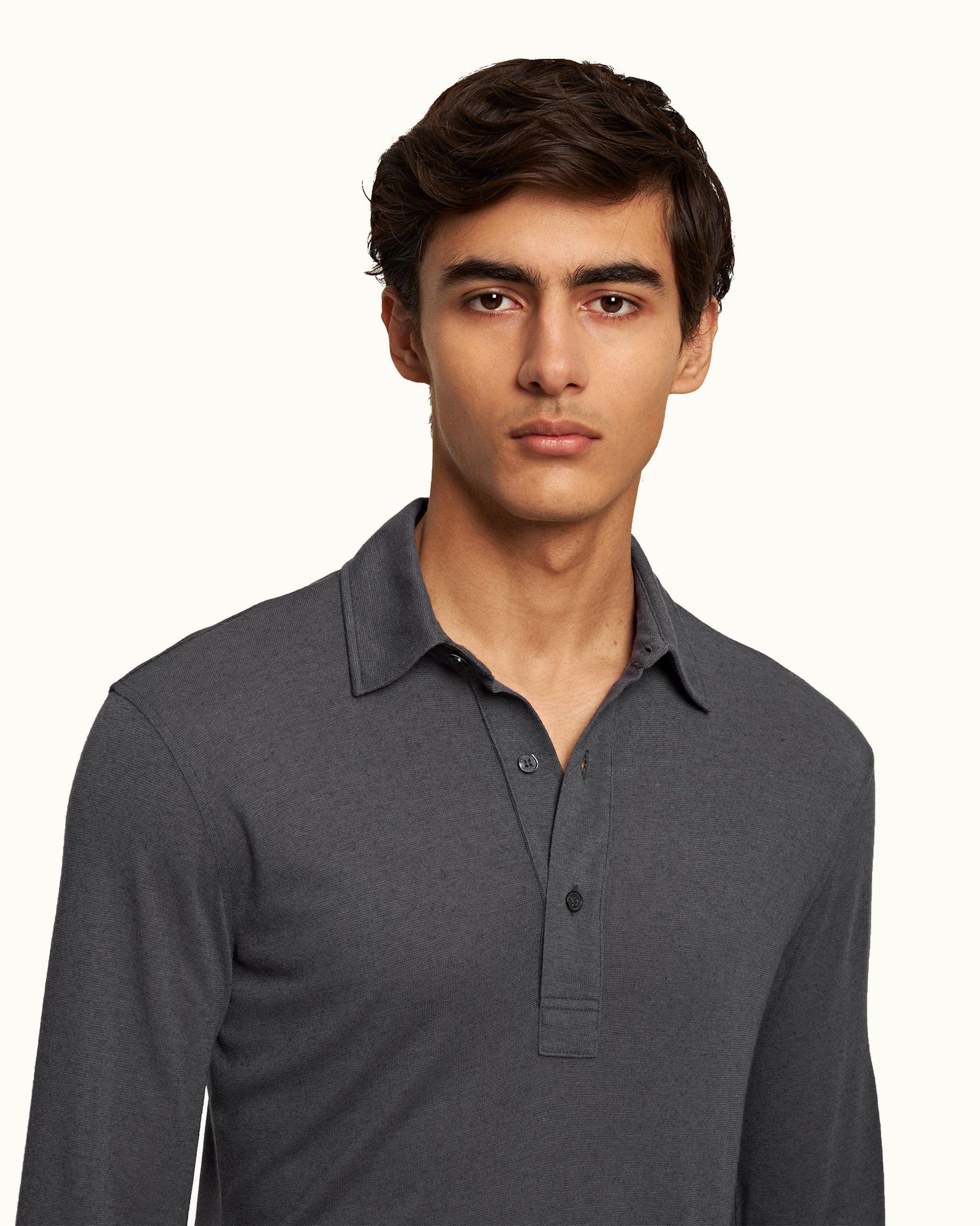 Piranha Grey Tailored Fit Long-Sleeve Cashmere Polo Shirt | Piranha Grey