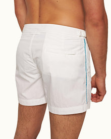 White Shorter-Length Tape Trim Swim Shorts | White
