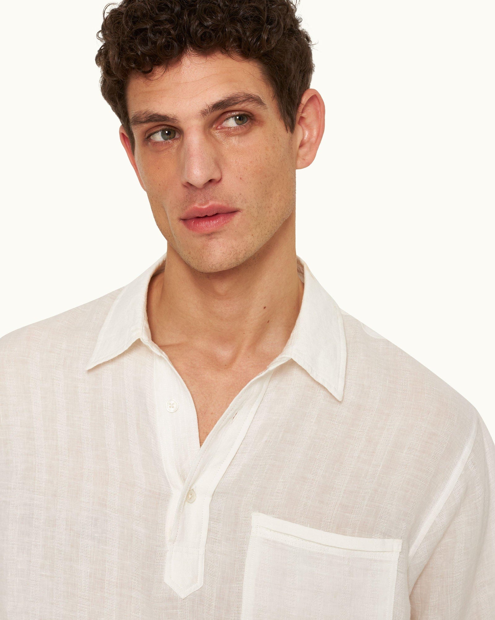 Linen Tonal Stripe Relaxed Fit Overhead Shirt Woven In Italy in Thasos Beach colour | Thasos Beach