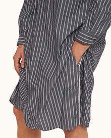 Midnight Navy Pinstripe Relaxed Fit Grandad Collar Cotton Nightshirt | Midnight Navy