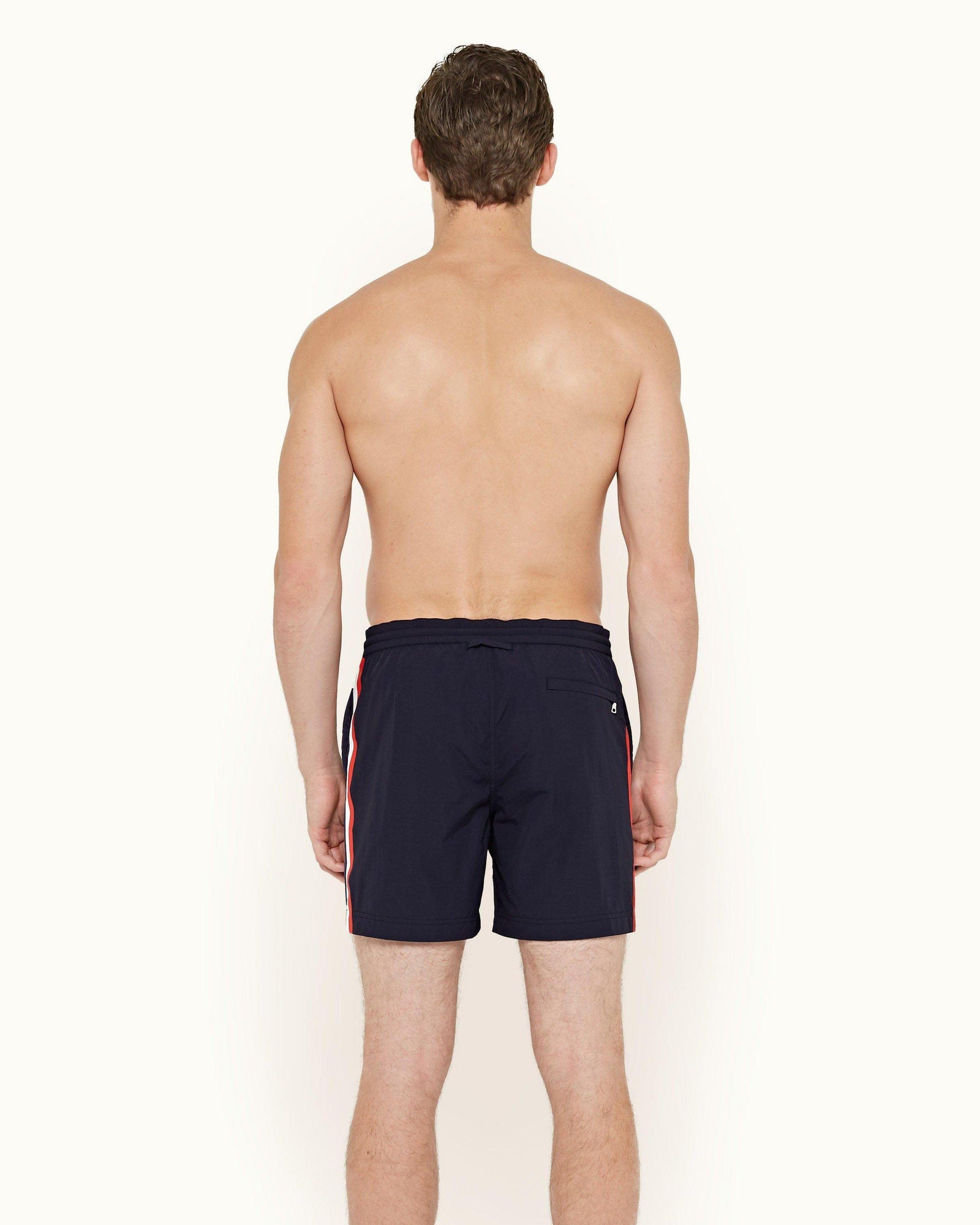 Standard Navy Stripe Seam Mid-Length Drawcord Swim Shorts | Navy