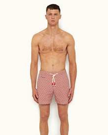 Summer Red/Cloud Cano Geometric Mid-Length Drawcord Swim Shorts | Summer Red/Cloud