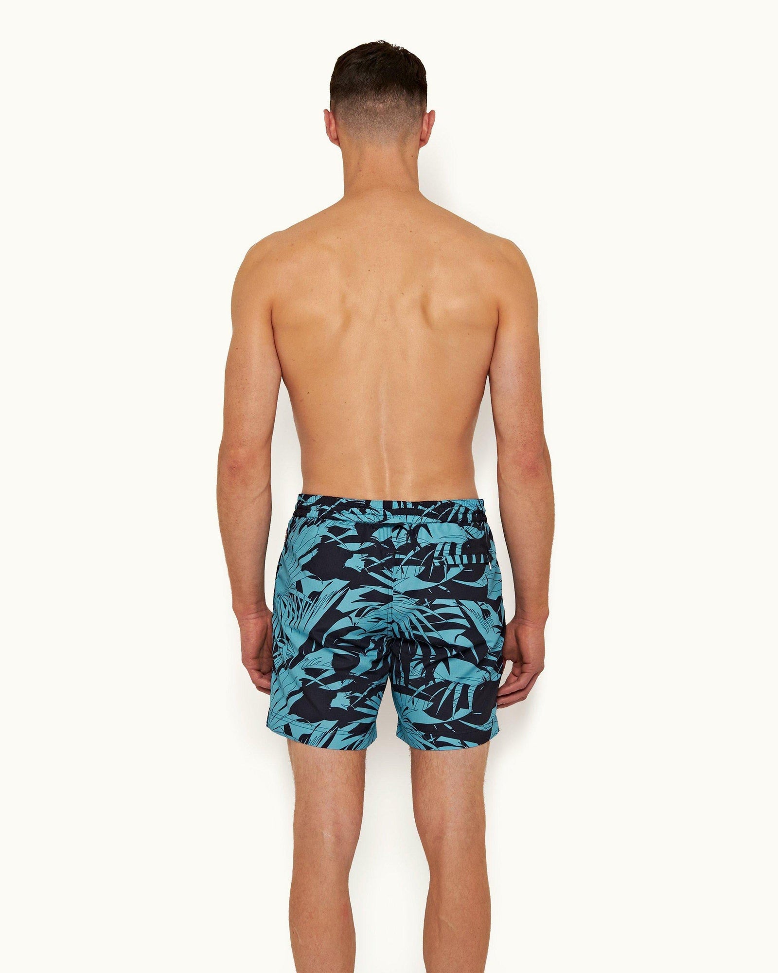 Cerulean Palmetto Print Mid-Length Drawcord Swim Shorts | Cerulean