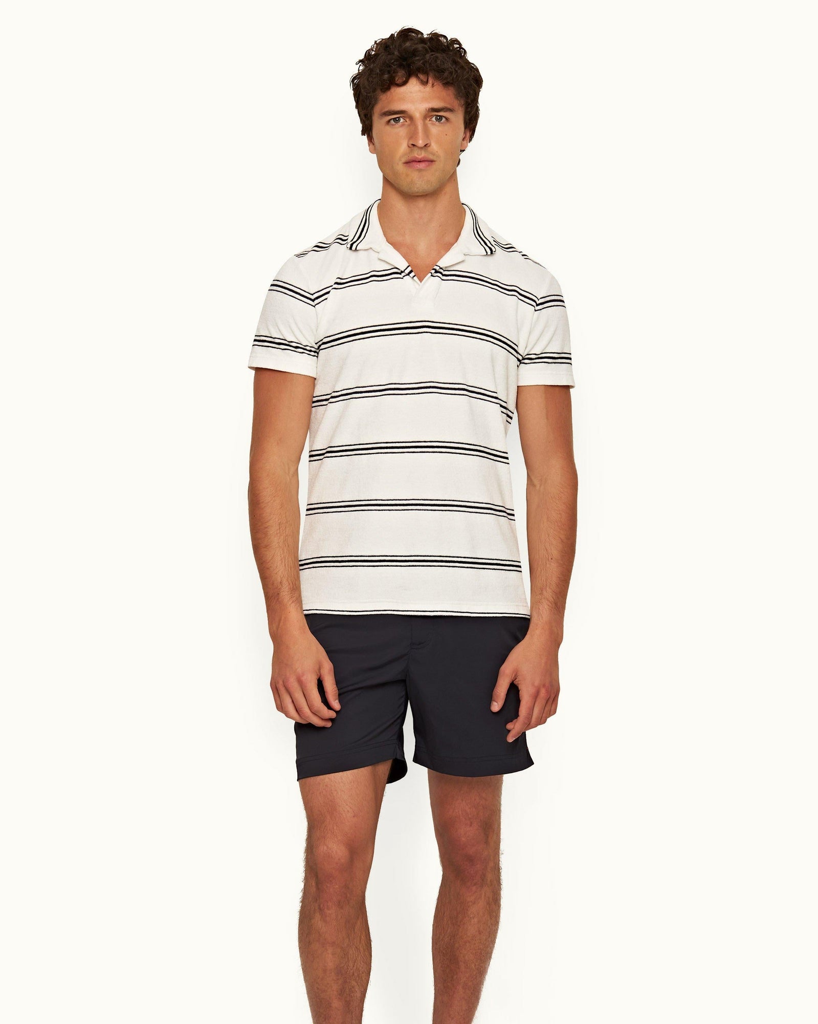 White Sand/Night Iris Twin Stripe Tailored Fit Towelling Resort Polo Shirt | White Sand/Night Iris