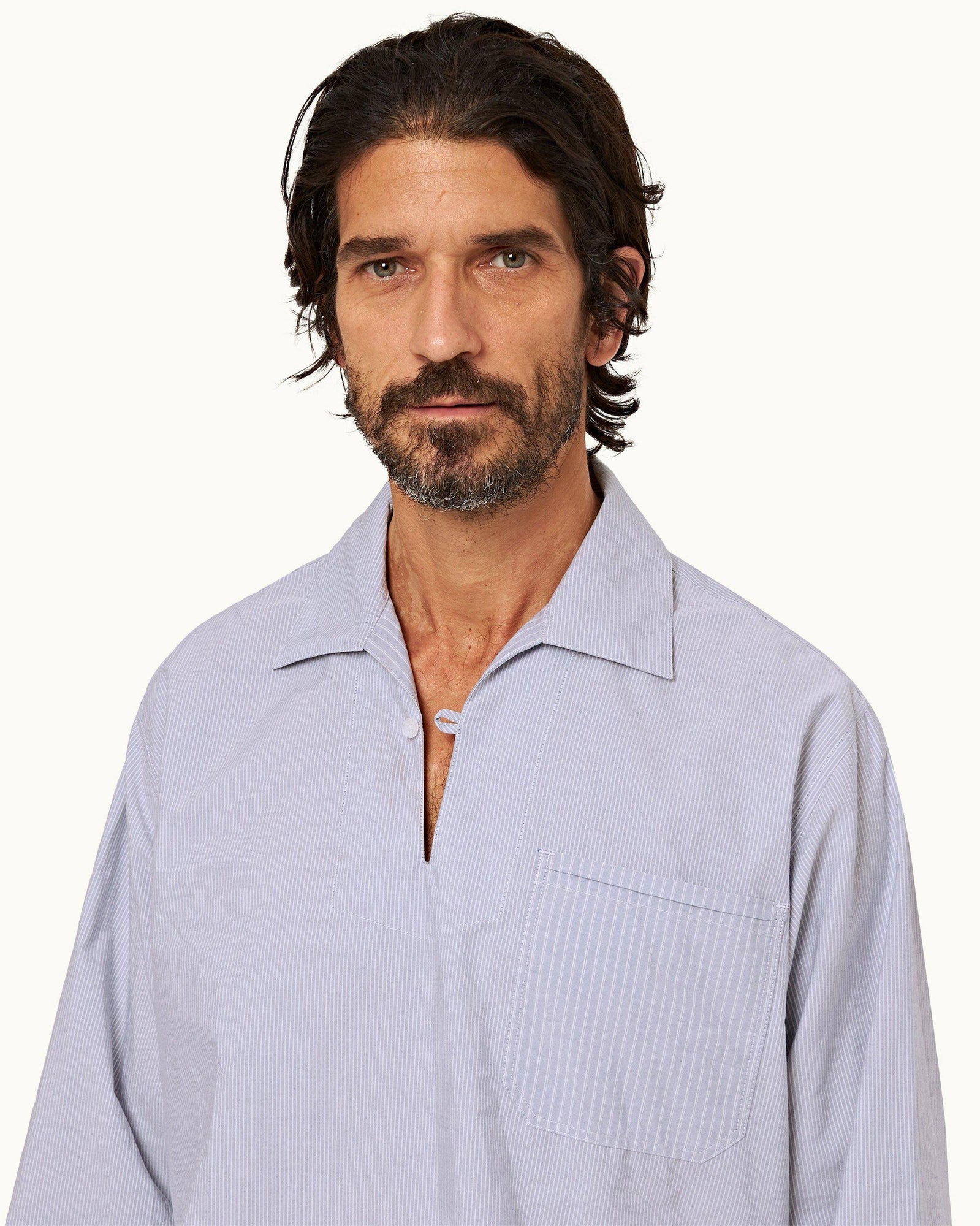 Signal Blue/White Mix Stripe Easy Fit Cotton Overhead Shirt | Signal Blue/White