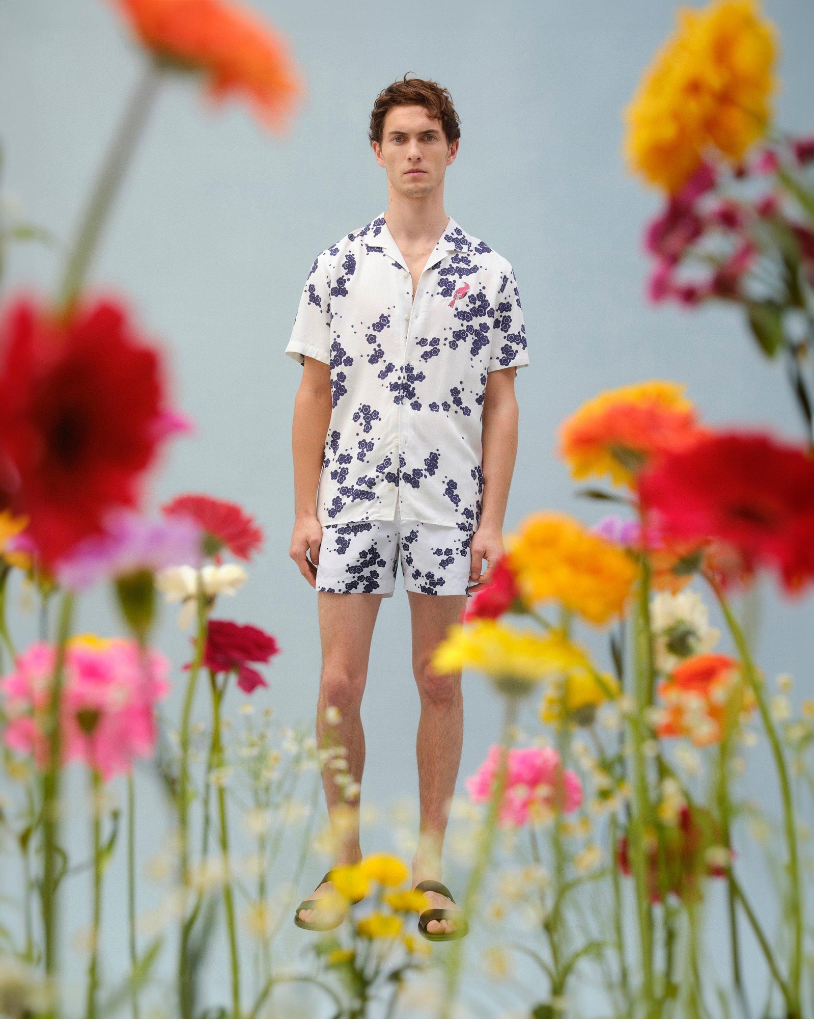 Blossom Print Shorter-Length Swim Shorts In Night Iris Blue/Plum Colour | Night Iris