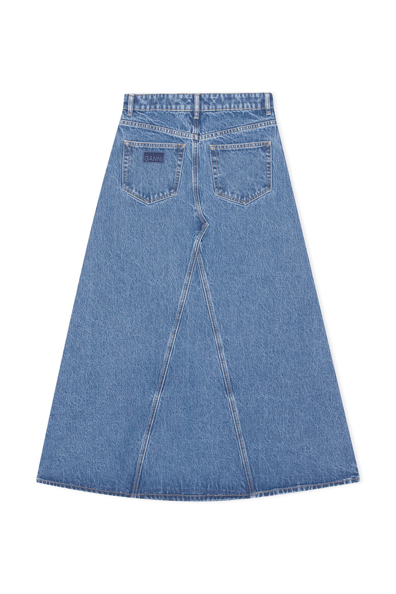 Overdyed Cutline Denim Maxi Skirt | Mid Blue Stone