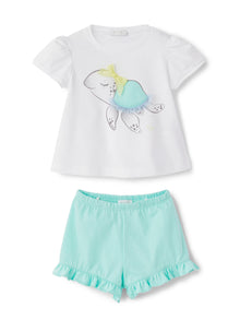 Two-Piece Suit with Turtle Print | White/Salvia
