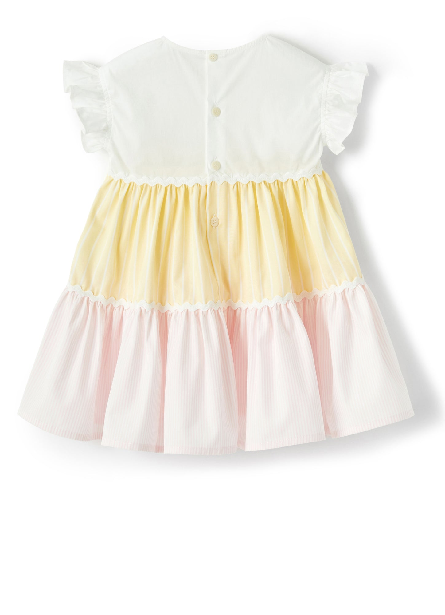 Dress with MultiColor Striped Flounces | Banana/Rosa Perla