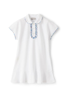 Dress in Pique with Floral Edges | White/Airforce Blue