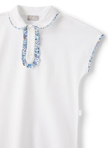 Dress in Pique with Floral Edges | White/Airforce Blue