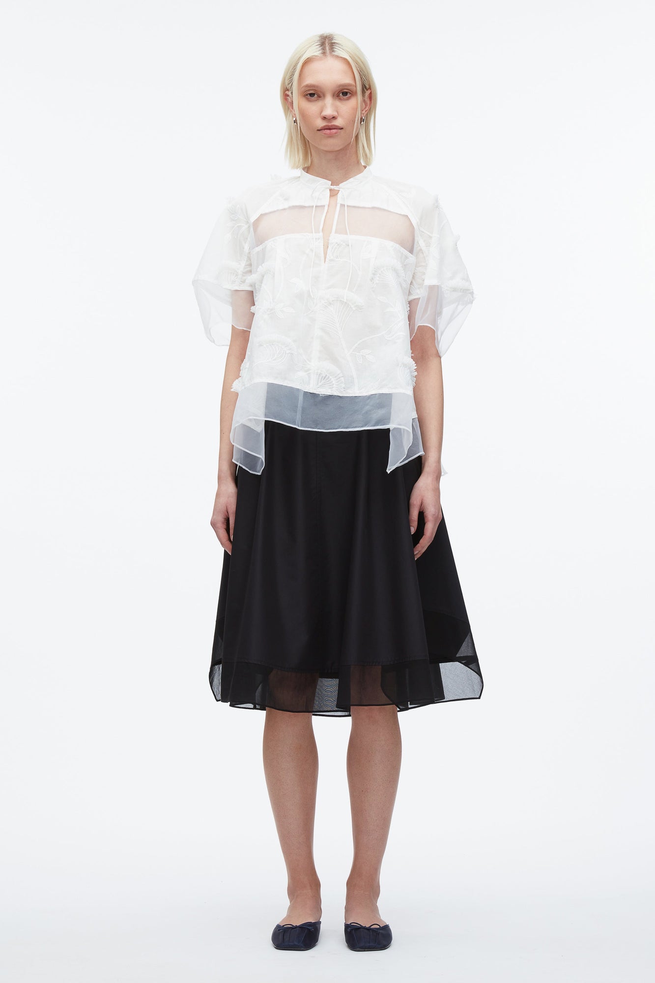 Embroidery Voile Top with Organza Combo | White