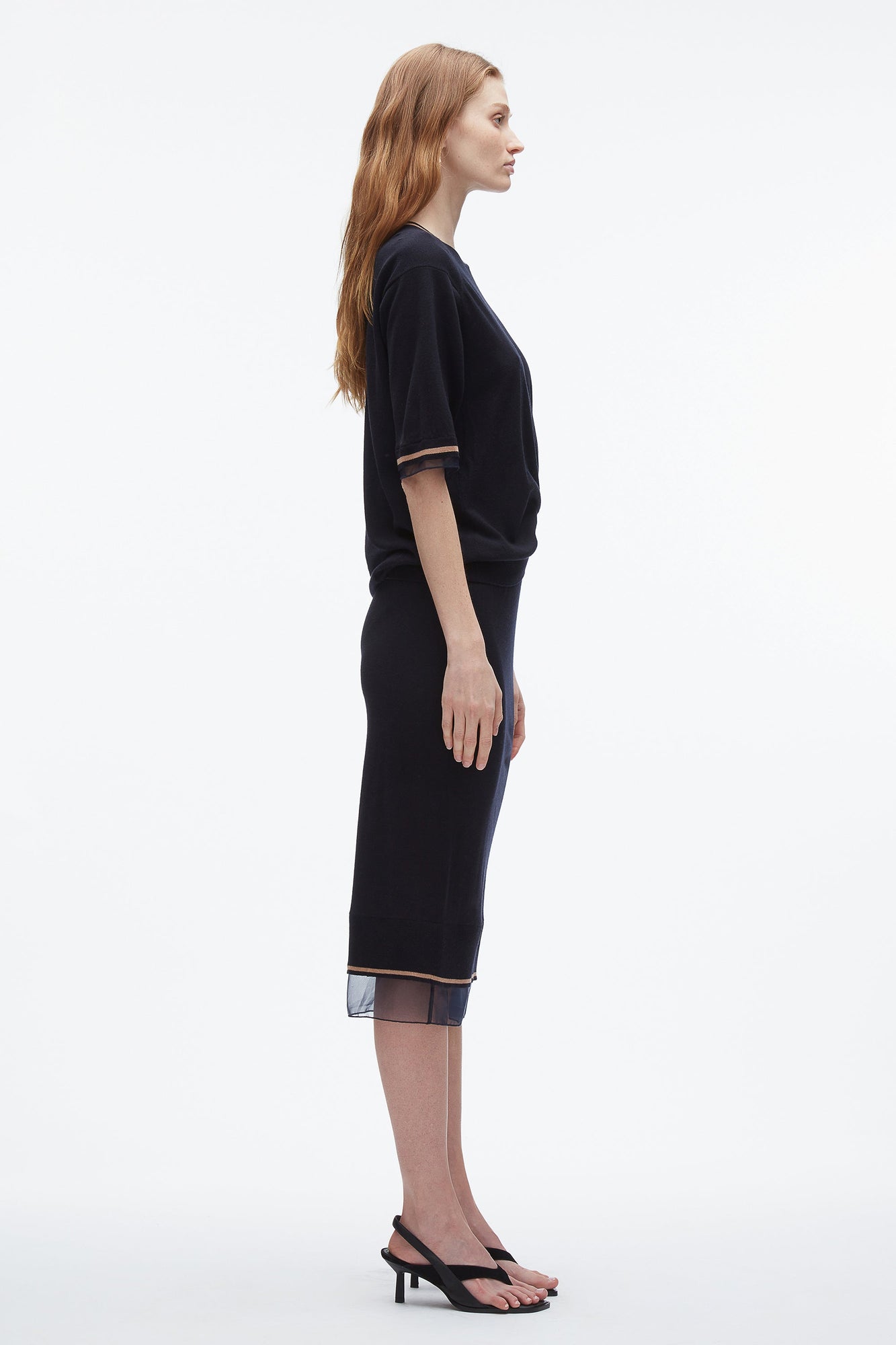 French Tuck Knit Dress with Organza | Navy