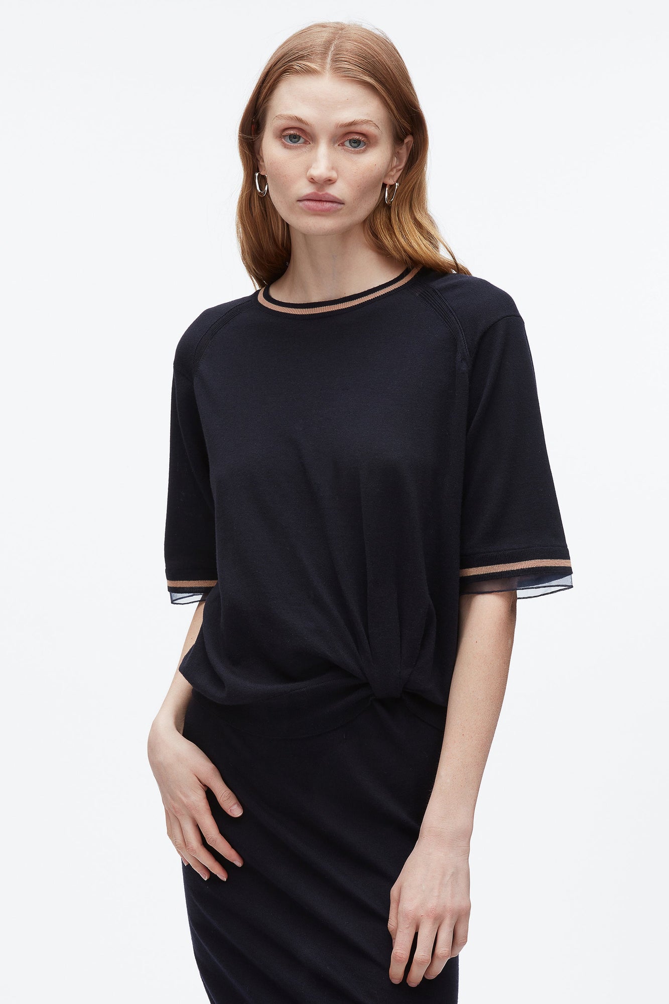 French Tuck Knit Dress with Organza | Navy