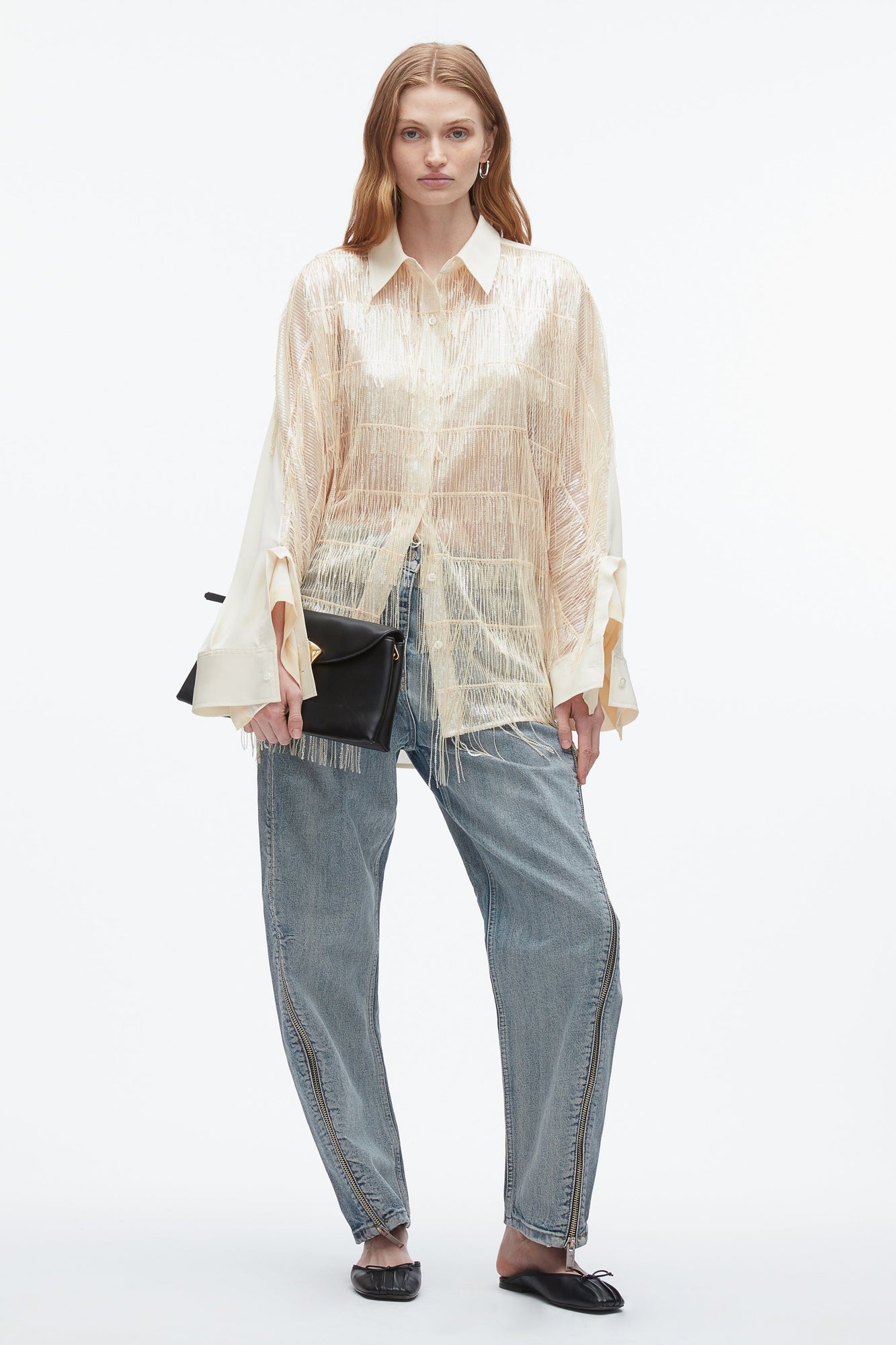 Sequin Fringe Shirt with Cascade Drape | Champagne
