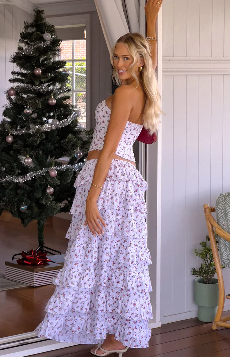 Paisley Floral Ruffle Maxi Skirt | White