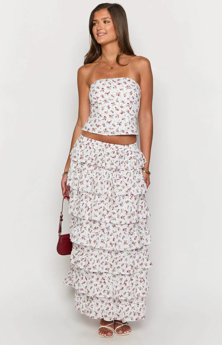 Paisley Floral Ruffle Maxi Skirt | White