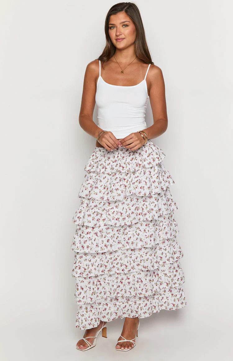 Paisley Floral Ruffle Maxi Skirt | White