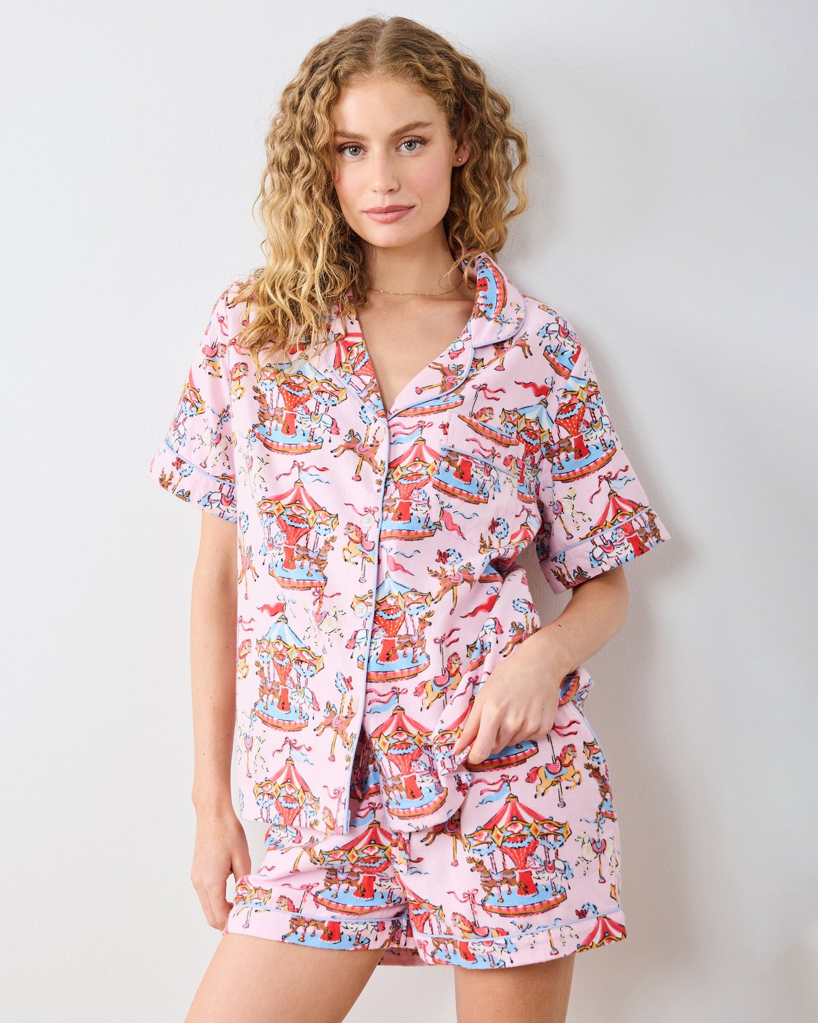 Christmas Carousel - Midweight Flannel Short PJ Set - Pink Garland - Printfresh