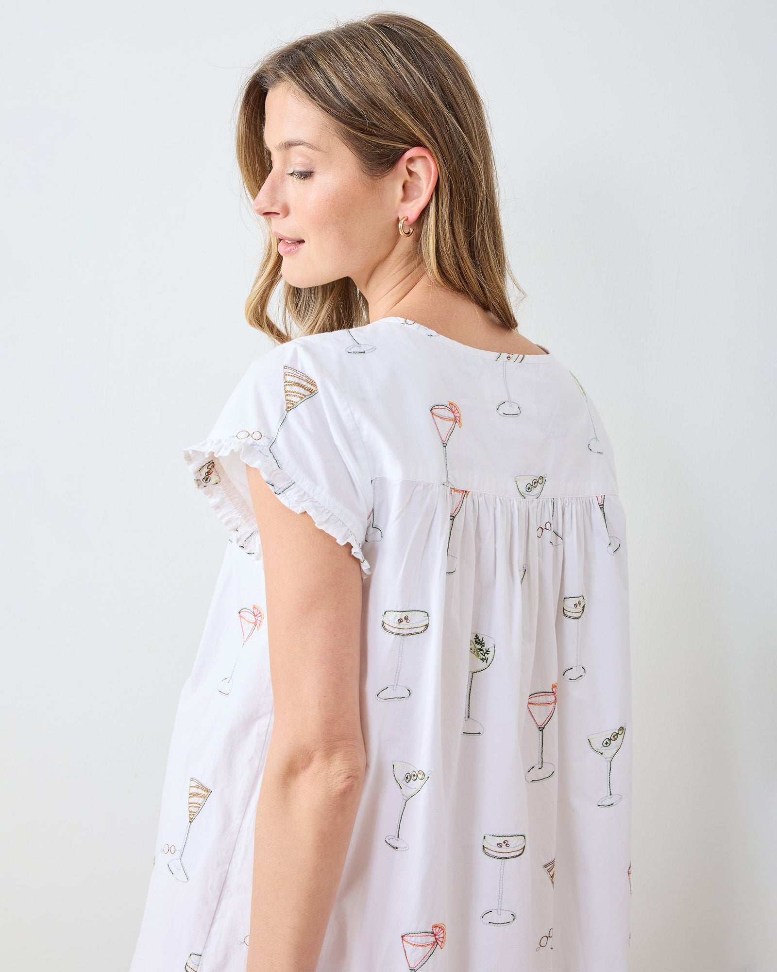 Martini Hour - Embroidered Pintuck Nightgown - Cloud - Printfresh