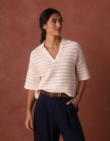 Women | Emma Openwork Short Sleeve Polo | Cream