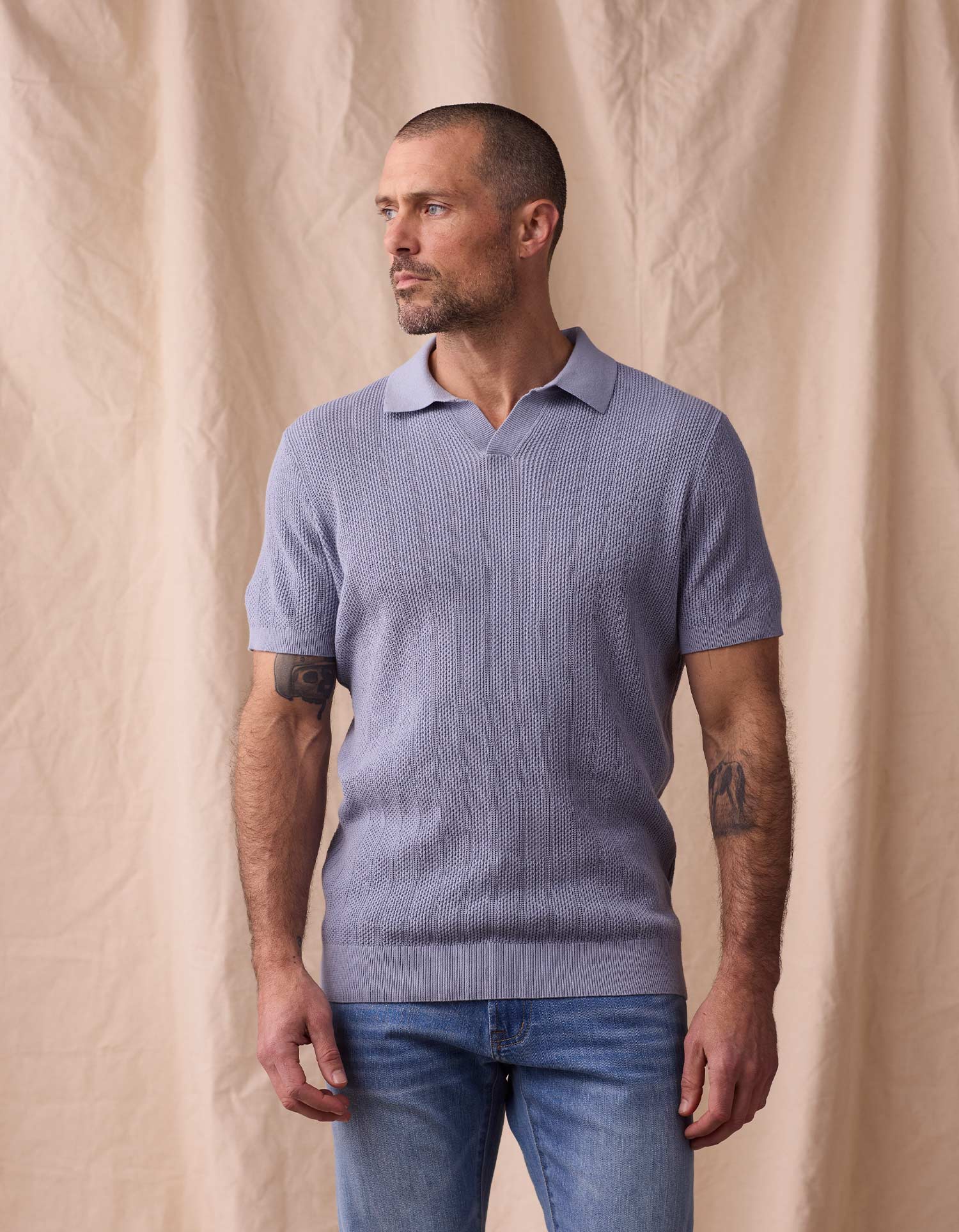 Men | Robles Textured Knit Polo | Faded Denim