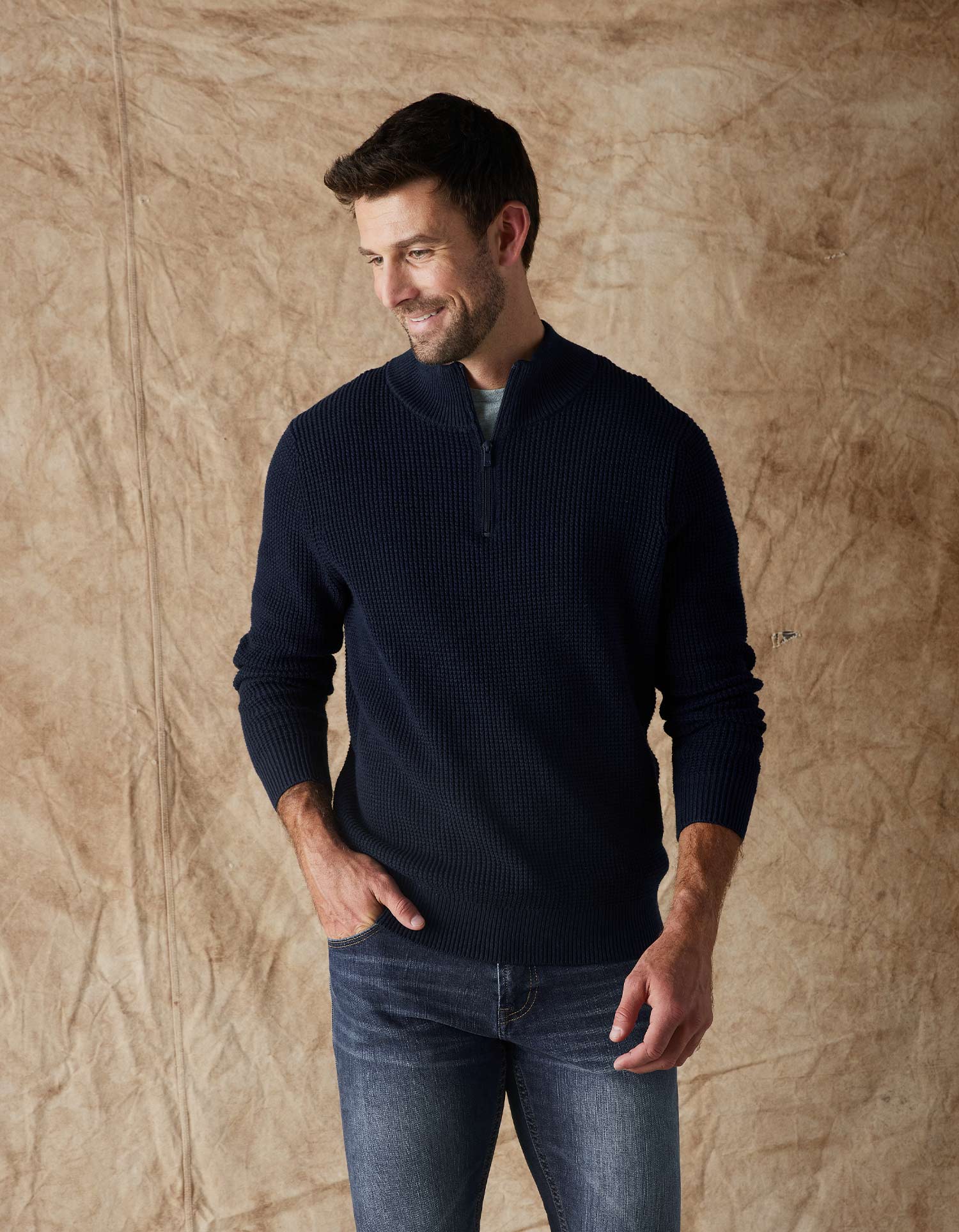 Men | Waffle Knit Quarter Zip Pullover | Navy