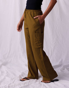 Women | Leukos Linen-Blend Drawcord Pant | Tobacco