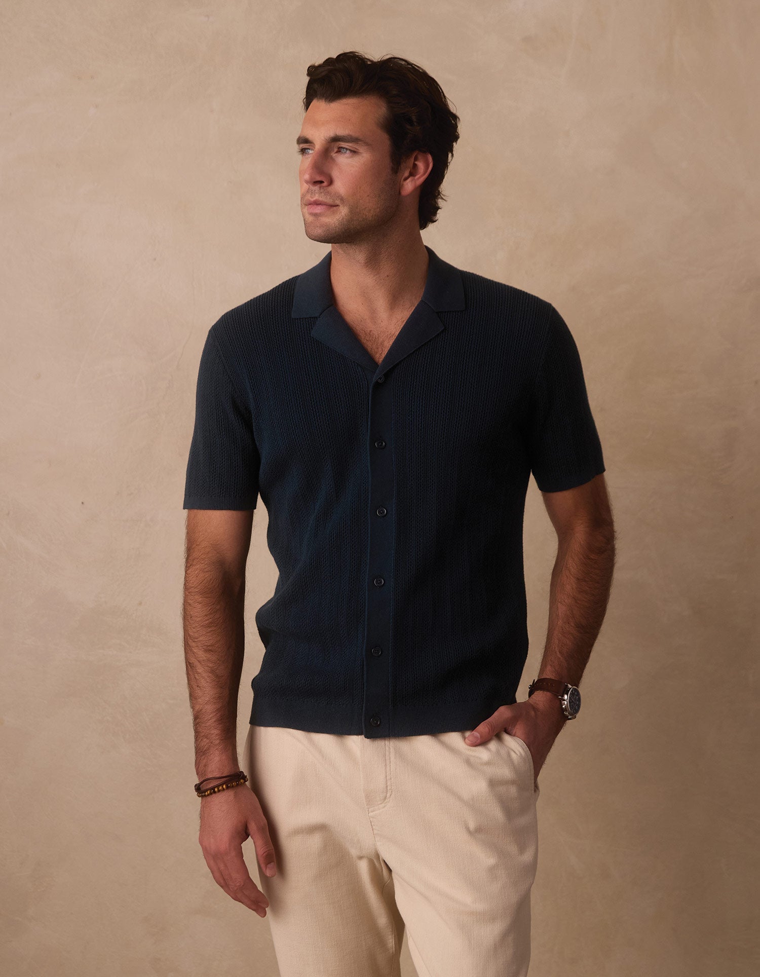 Men | Robles Textured Knit Camp Button Up | Dark Oasis