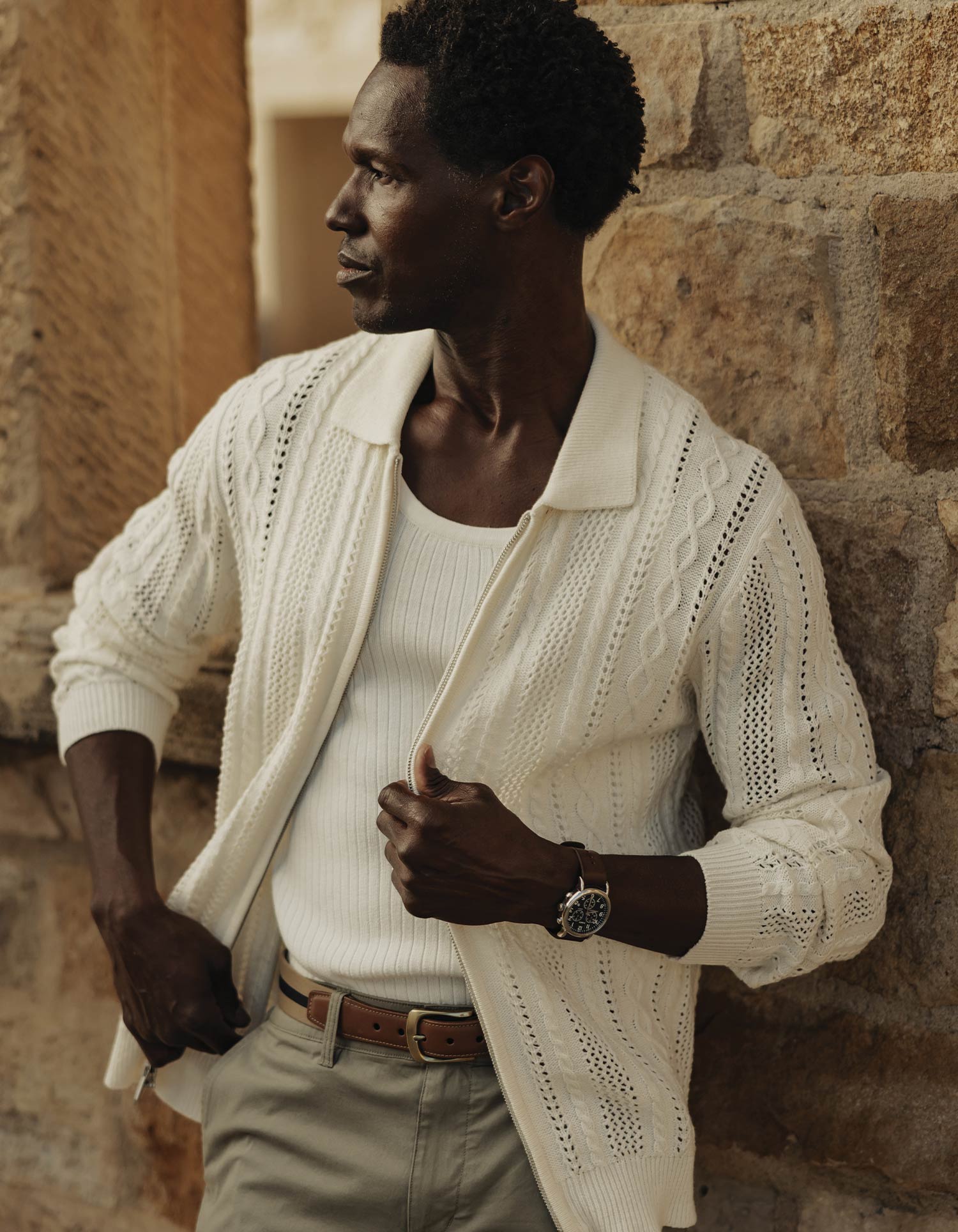 Men | Jacquard Zip Front Cardigan | Ivory