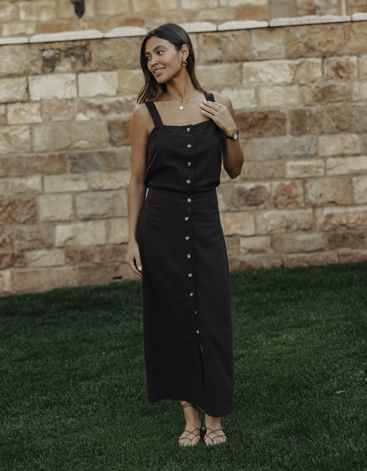 Women | Leukos Linen-Blend Button Front Skirt | Umber