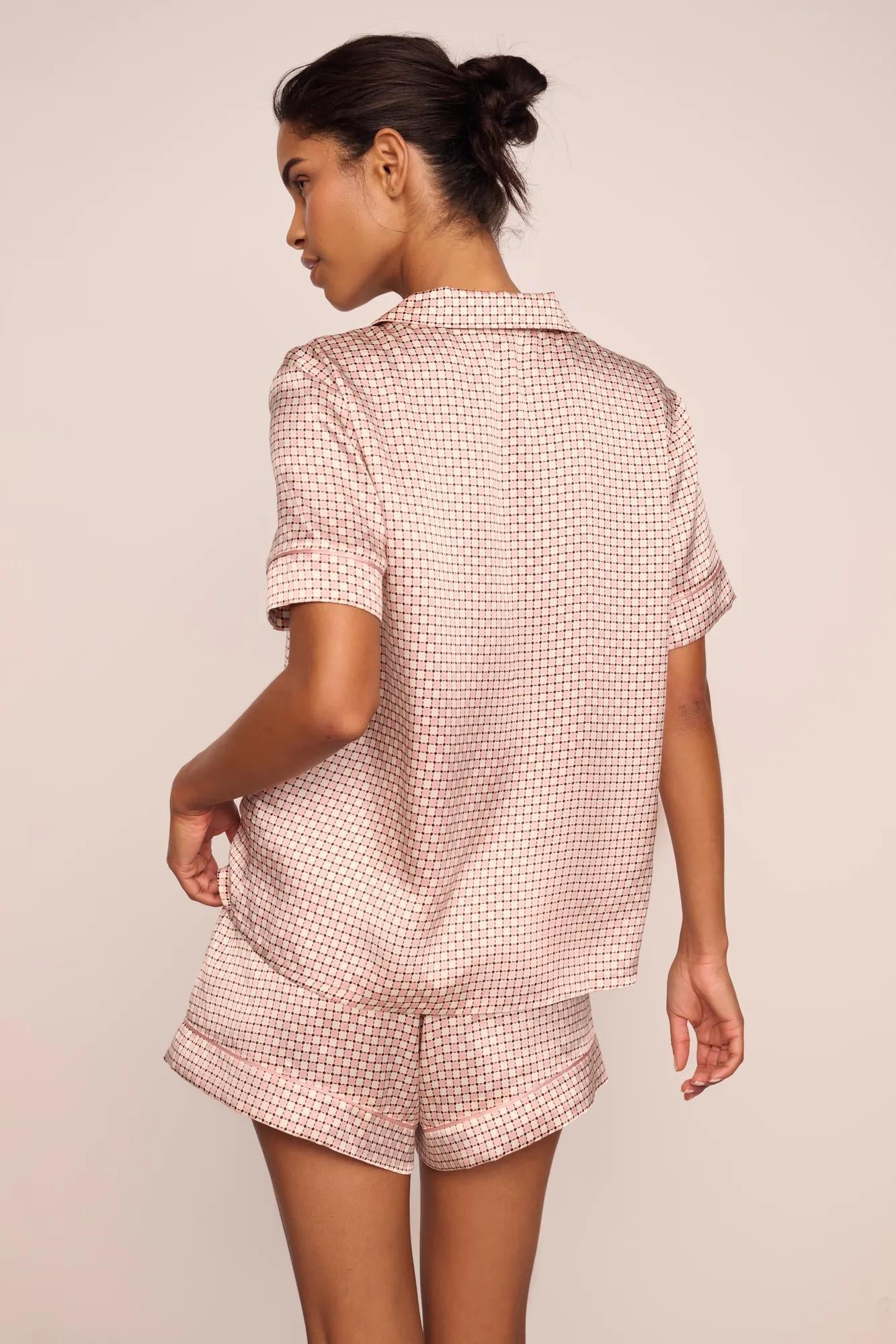 Model is wearing Inez Washable Silk Printed Short PJ Set  in Geo Sphere Silver Pink/Silver Pink